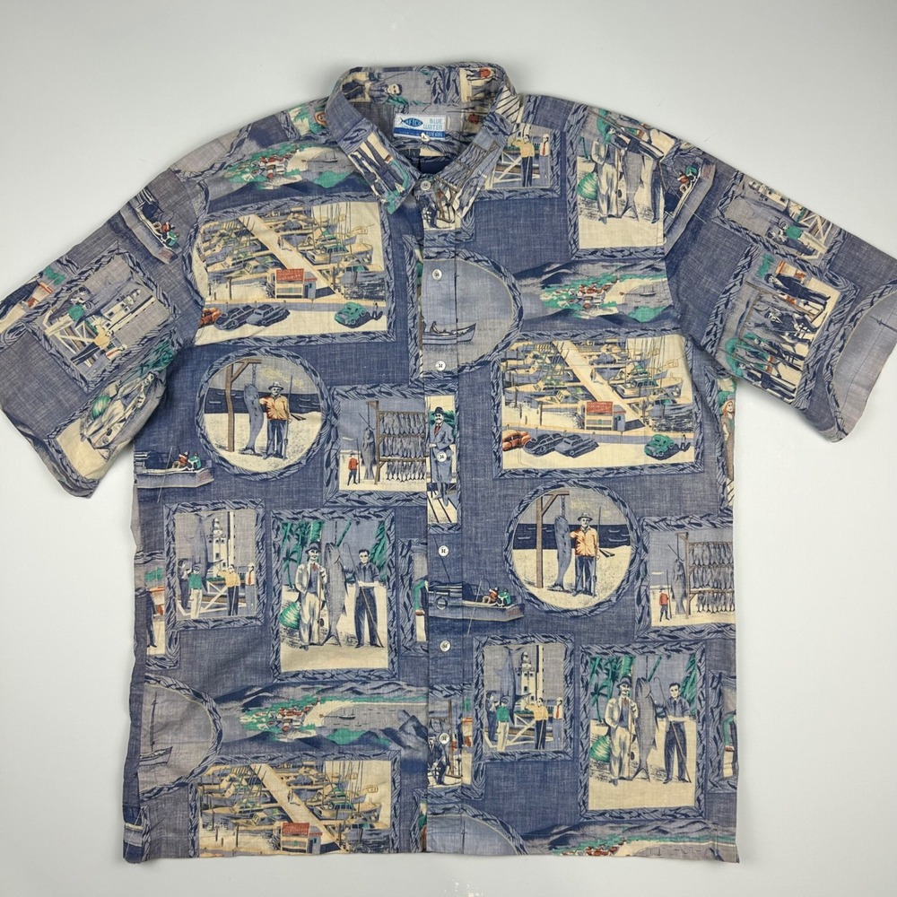 AFTCO BlueWater Wear Mens XXL Blue Nautical Fishing Print Short Sleeve Shirt USA
